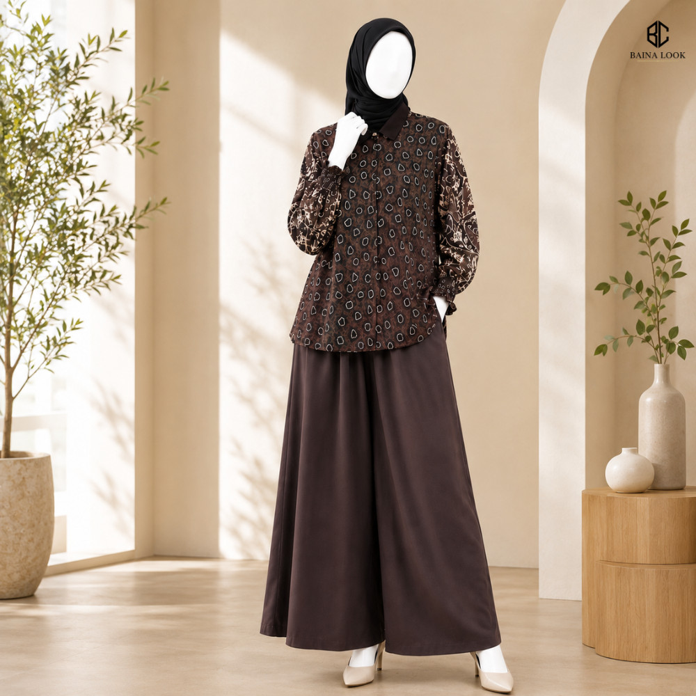 One Set Wanita Kayana Rayon Premium Setelan Kulot Baju Muslim Motif Elegan Loose Fit Kondangan