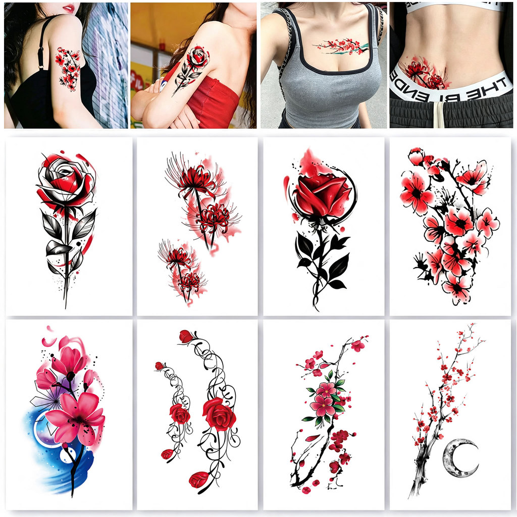 Tato Temporer Wanita Motif Mawar, Bunga Sakura & Bunga Neraka Tahan Air Tahan Lama, Stiker Tato Simu