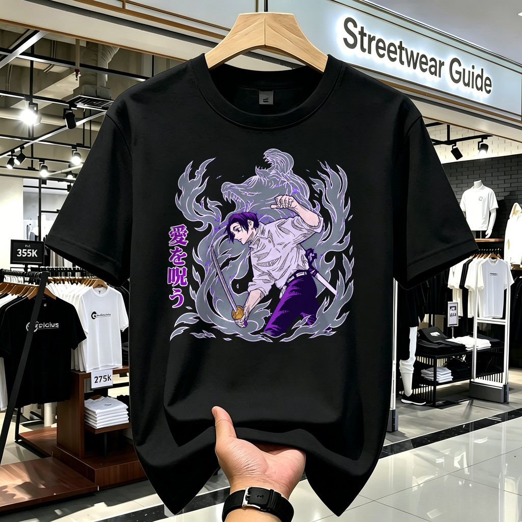 Kaos Oversize Anime Jujutsu Kaisen Yuta Okkotsu Pose Bertarung Pedang Katana Desain Komik Ungu Hitam