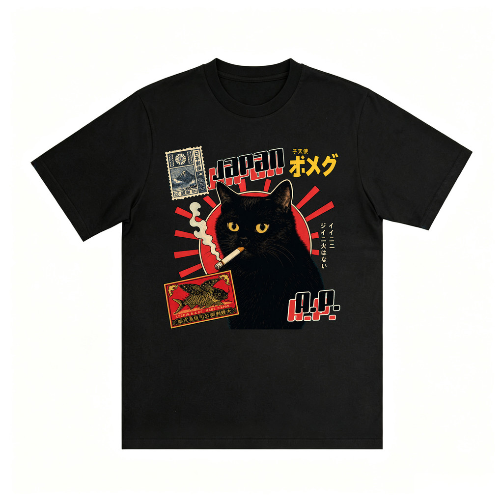 Kaos Oversize Distro Unisex Ilustrasi Kucing Hitam Jepang Merokok Potongan Longgar Print Vintage Ret