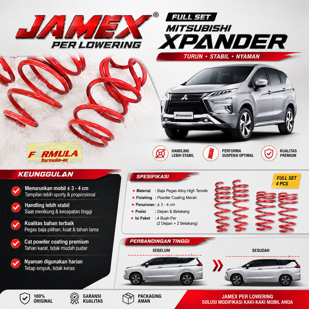 JAMEX PER CEPER / PER LOWERING ORIGINAL - MITSUBISHI XPANDER DEPAN BELAKANG (2018+)