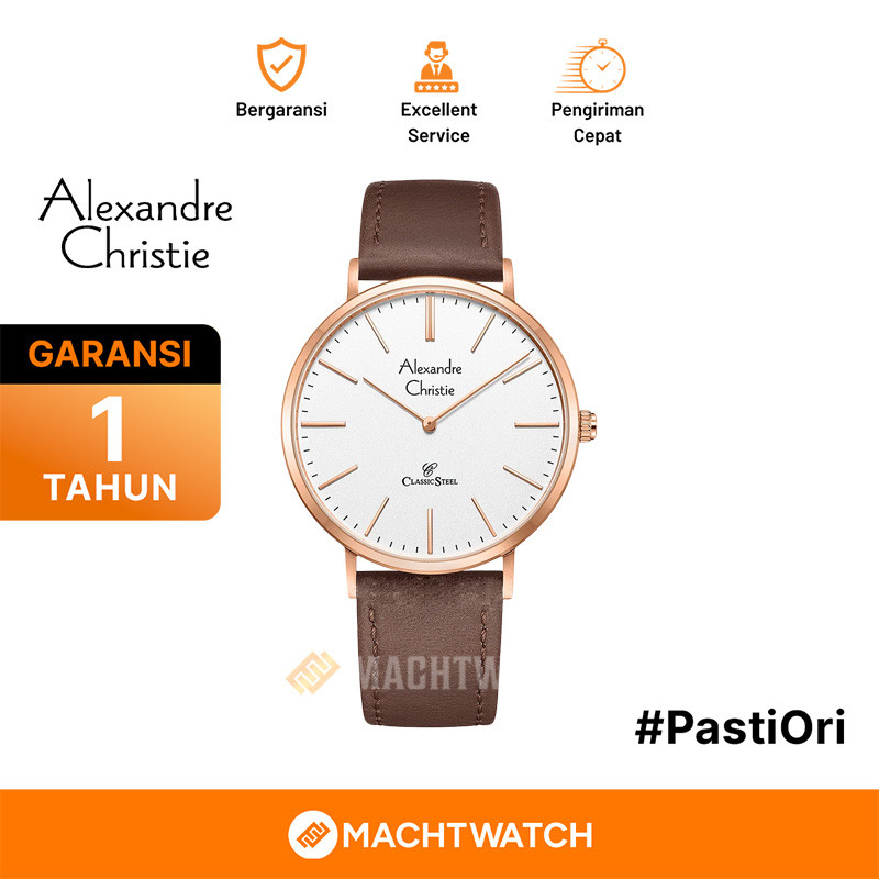 Jam Tangan Pria Alexandre Christie Classic Steel AC 8490 MH LRGSL Men Silver Dial Brown Leather Stra