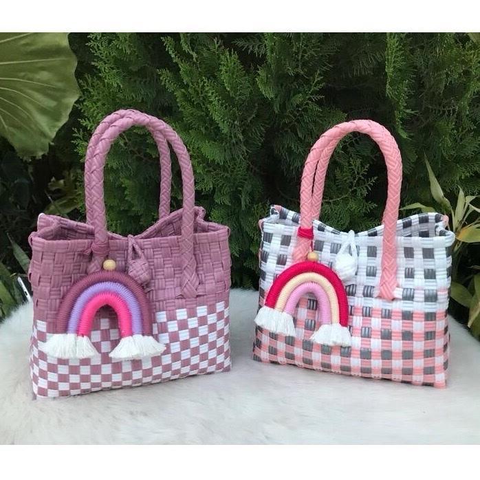 [Mirae Bag] Tas Anyaman Plastik Jali Premium Tote Bag Mini untuk Perempuan dengan Desain Pelangi Luc