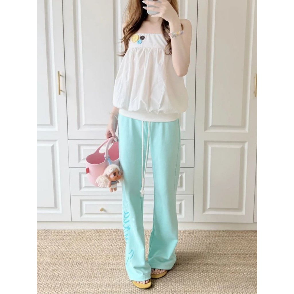 MYCASSI Mint Green Drawstring Straight Leg Sweatpants Celana Panjang Wanita Long Pants