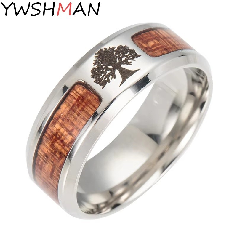 Cincin Semi Lingkaran Perhiasan Viking Nordik Rune Amulet Yggdrasil Baja Tahan Karat Mozaik Kayu Cin