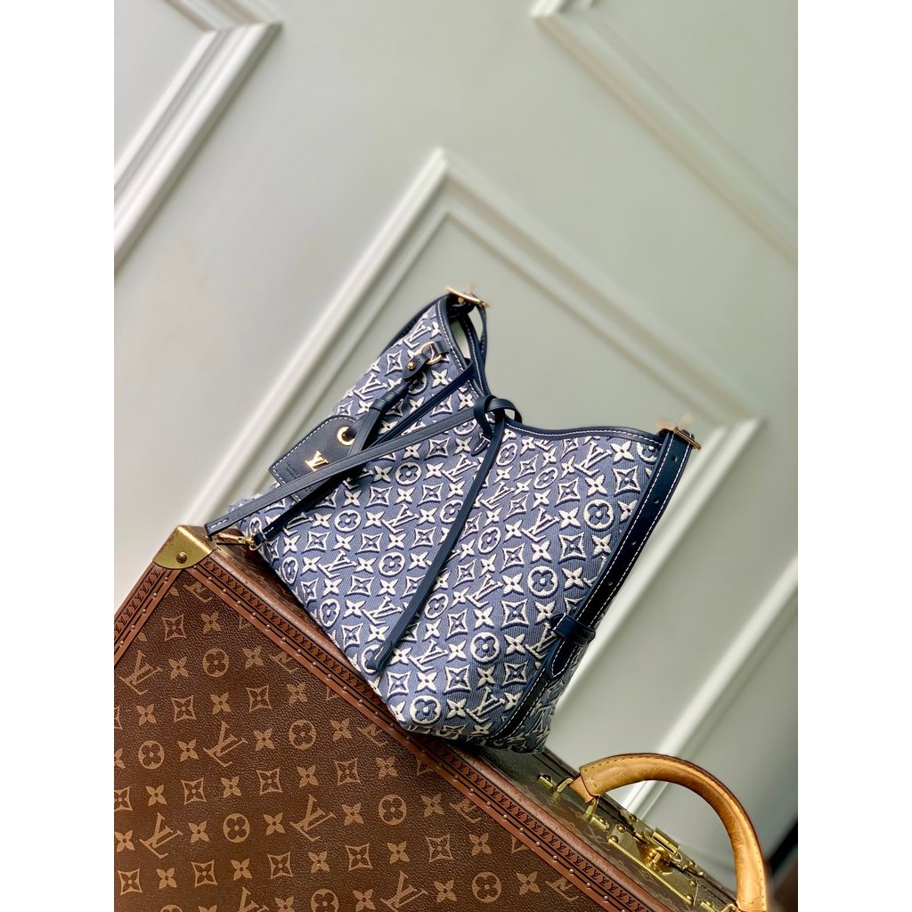 [ Pre-Order ] LV M2A184 Blue‑White Jacquard Monogram Shoulder Tote Bag with Removable Pouch