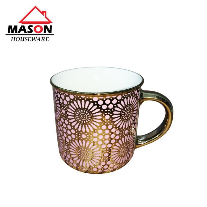 MASON MUG KERAMIK / MUG KOPI / MUG TEH / MUG KERAMIK TEBAL / CANGKIR KERAMIK  MOTIF BATIK BUNGA GOLD