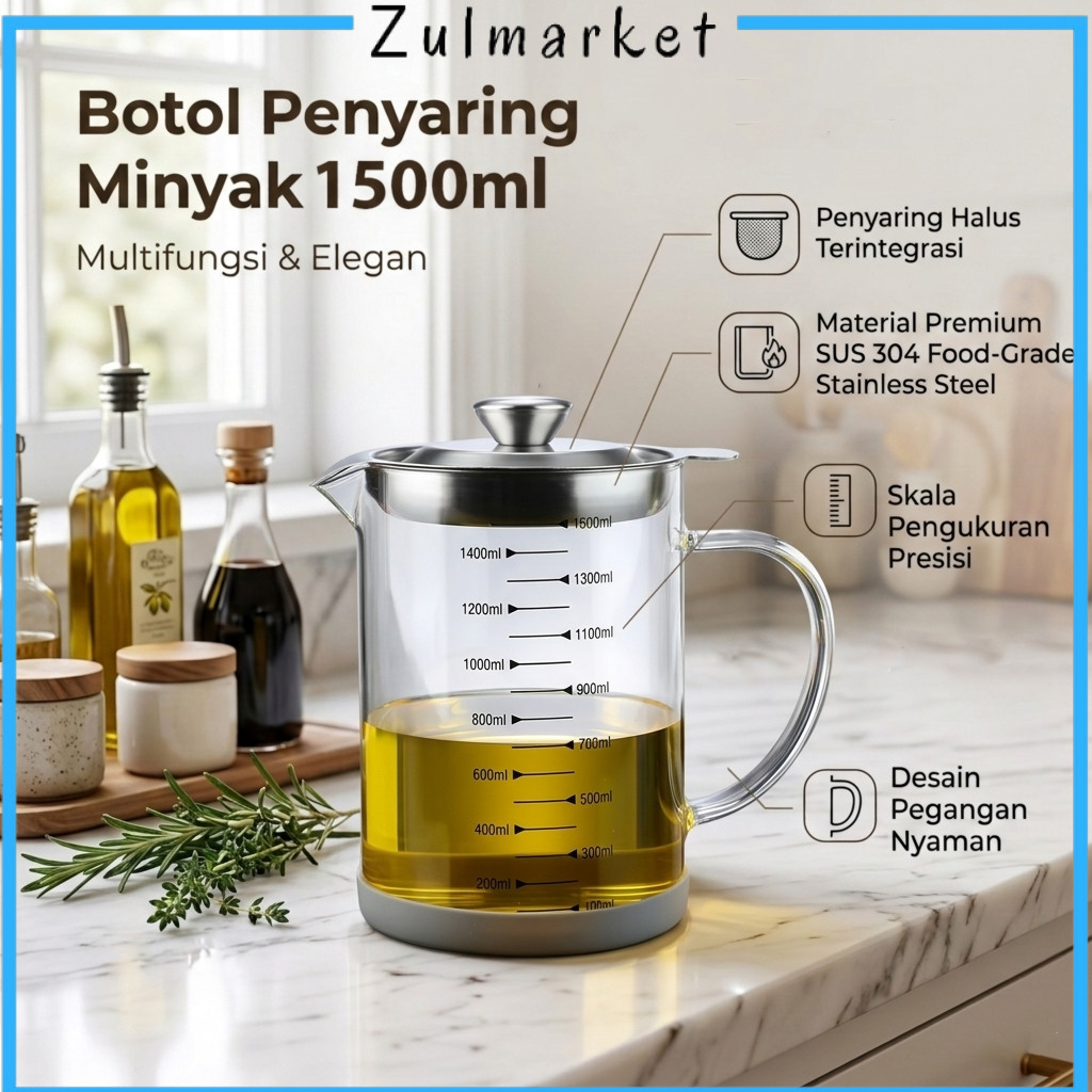 Botol Wadah Penyaring Minyak Goreng Kaca Borosilikat Tahan Panas 1000 ml 1500 ml 1800 ml