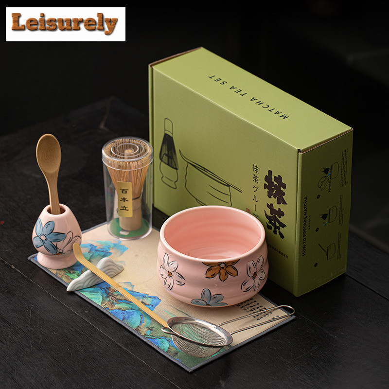 8pc/set Sakura Pink Blossom Ceramic Tea Set Complete Set Matcha Whisk Chasen Japanese Matcha Set Kit