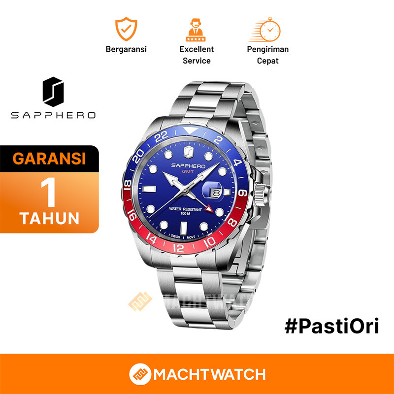 [PRJ] Jam Tangan Pria Sapphero SO-2106-1BLURDBLU GMT Pepsi Blue Dial Stainless Steel Strap Quartz Wa