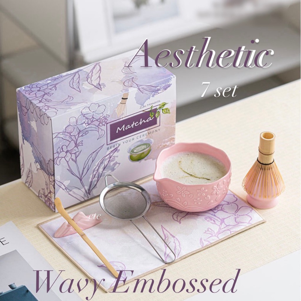 PREMIUM Matcha Tea Set Jepang 7 in 1 Lengkap Wavy Chawan Motif Bunga Embossed 2 Warna Pink & Purple
