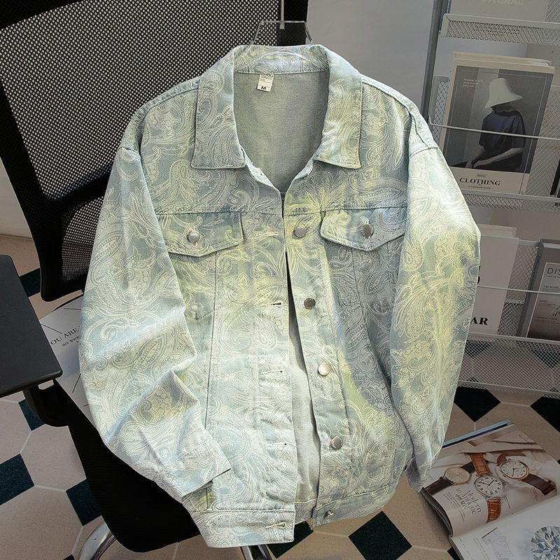 Jaket denim bunga cashew Amerika, jaket gaya pria