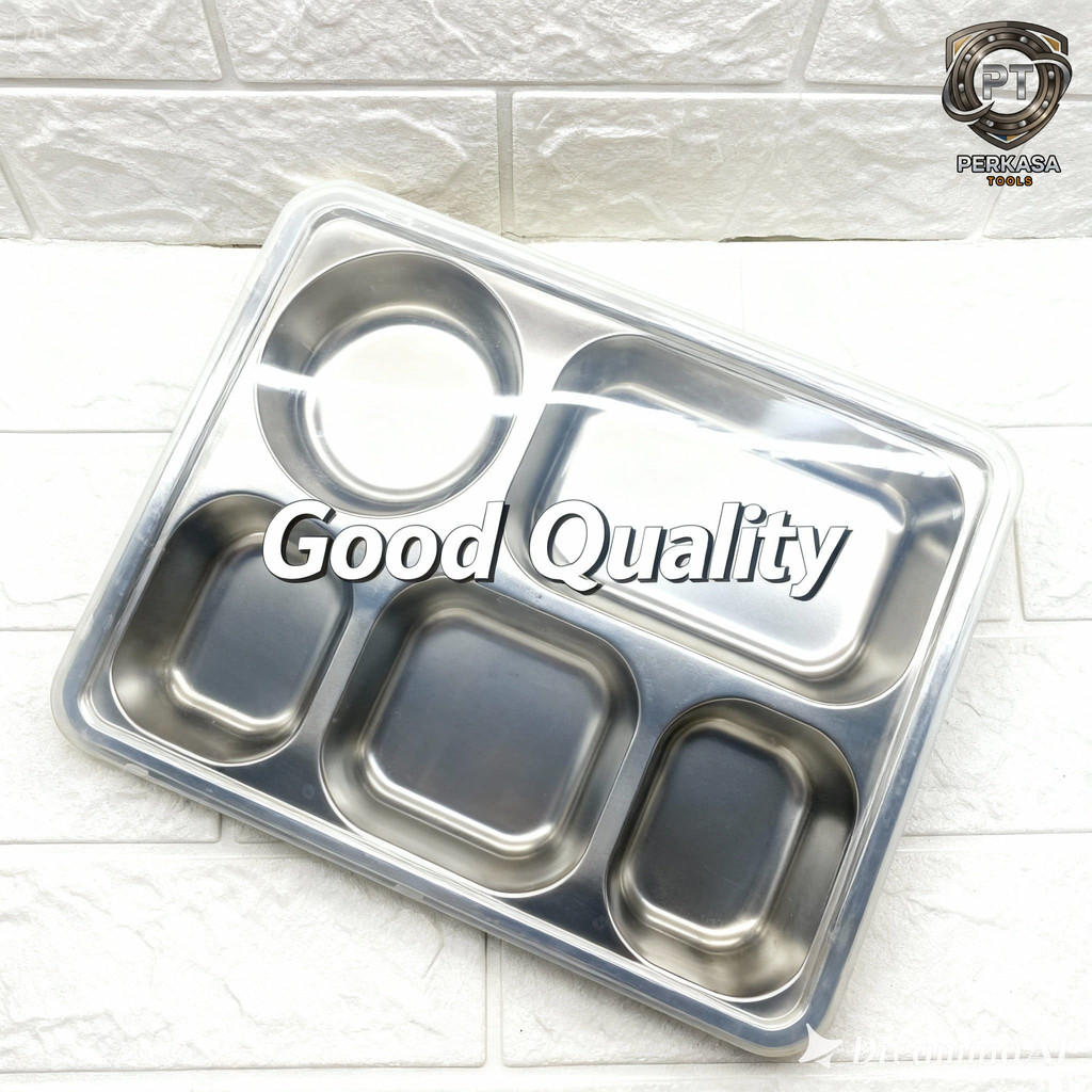 Food Tray Ompreng  Stainless  304 Sekat 5  Kotak Makan Stainless + Tutup Plastik PP Kotak Makan MBG