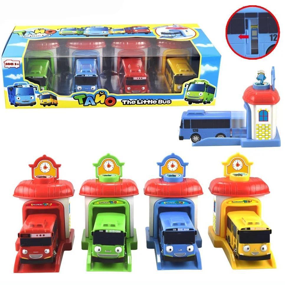 [Funny] 4pcs/set Scale model Tayo the little bus ildren miniature bus baby oyuncak garage tayo bus E