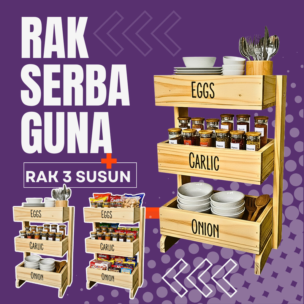 Rak bawang kayu 3 susun / Rak dapur / Rak kosmetik/ Rak perkakas/ Rak bawang