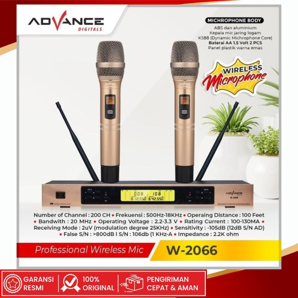 ADVANCE W2066 Profesional Microphone Wireless Double Uhf