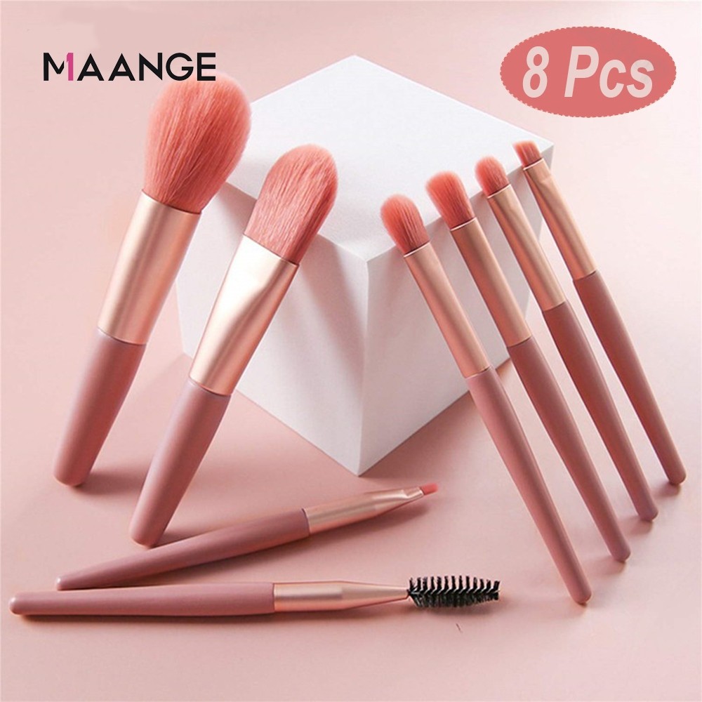 MAANGE 8 IN 1 Kuas Make Up Portable Kuas Makeup Set Kuas Bibir Alis Sisir Powder Mini Travel Cosmeti