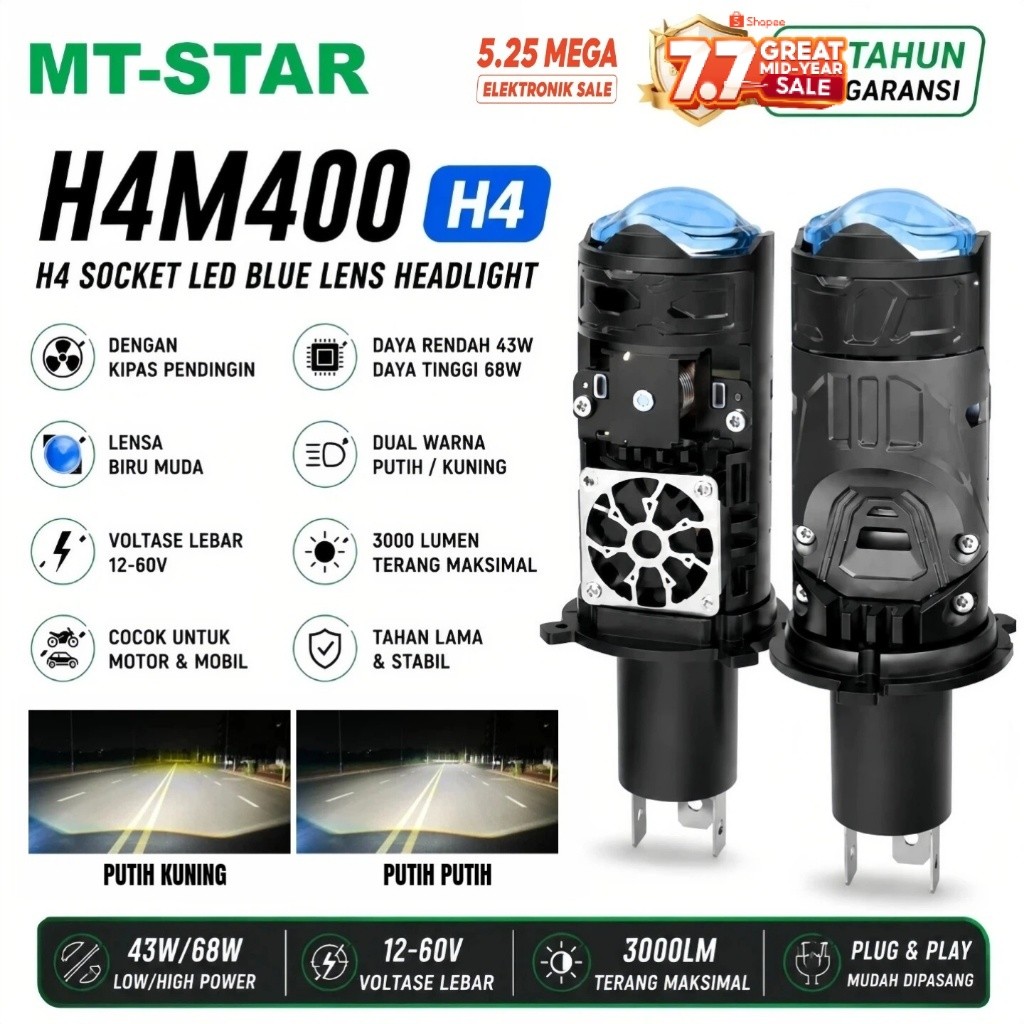MT-STAR H4 M400 -  Lampu utama Socket H4 LED Blue Lens