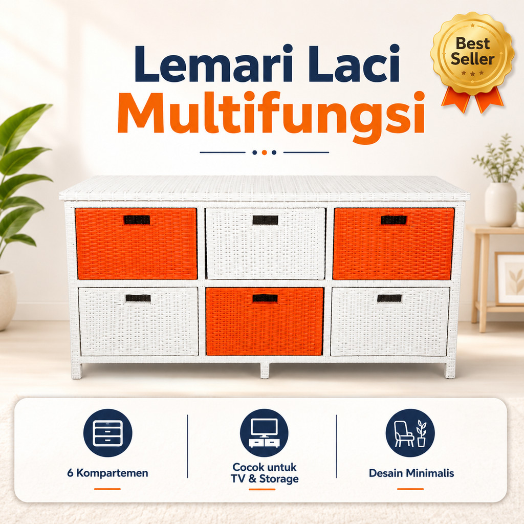 Buffet TV Rotan Sintetis Minimalis 6 Laci Warna Custom Rangka Kayu Kuat