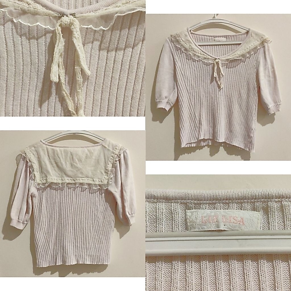 [Preloved] Liz Lisa Knit Sailor Top Blouse Wanita Atasan Rajut Soft Pink Cream Coquette Frills Renda