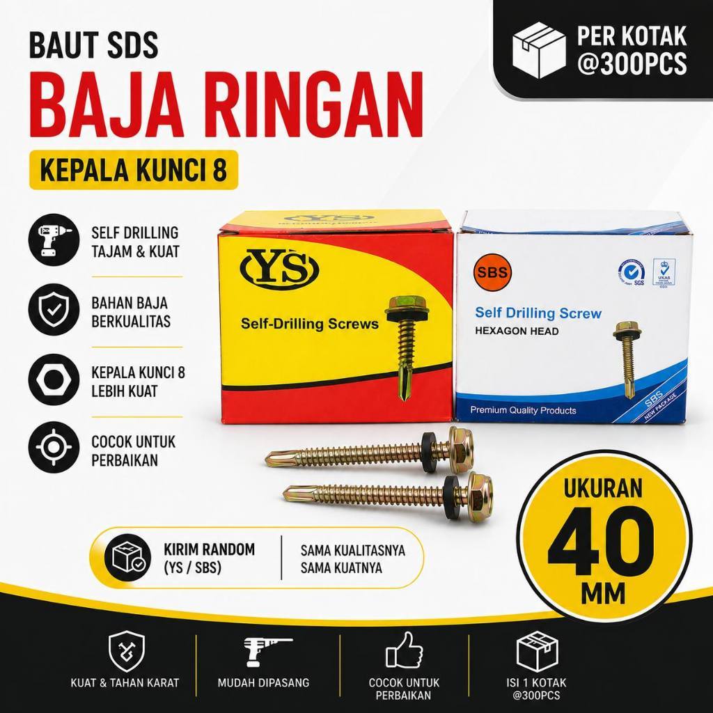 PERKOTAK - Baut SDS Baja Ringan Seng Roofing YS SBS 40 MM / Self Drilling Screw