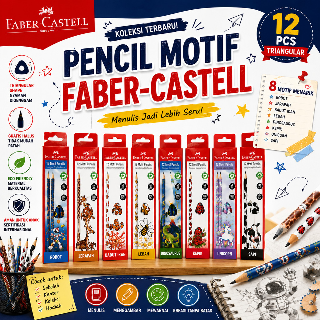 Faber Castell Motif Pensil Graphite Karakter Funny Hewan Robot Dinosaurus Unicorn Kepik Triangular H