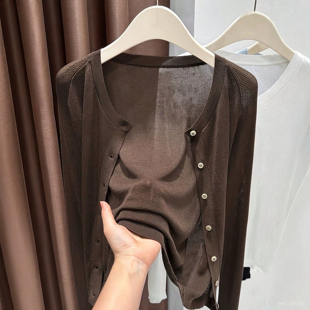 Jaket Rajut Modis Wanita Cardigan Musim Semi-Musim Panas Leher Bulat Lengan Panjang Lyocell Tencel T