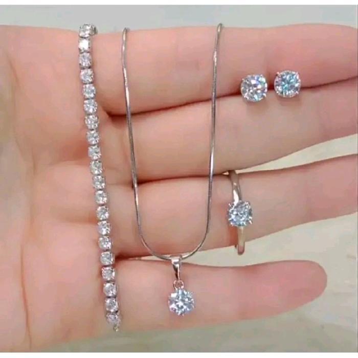 AS- Set Perhiasan Simple Mewah Titanium Asli Silver Set Perhiasan Gelang Serut Silver Perak - satu s