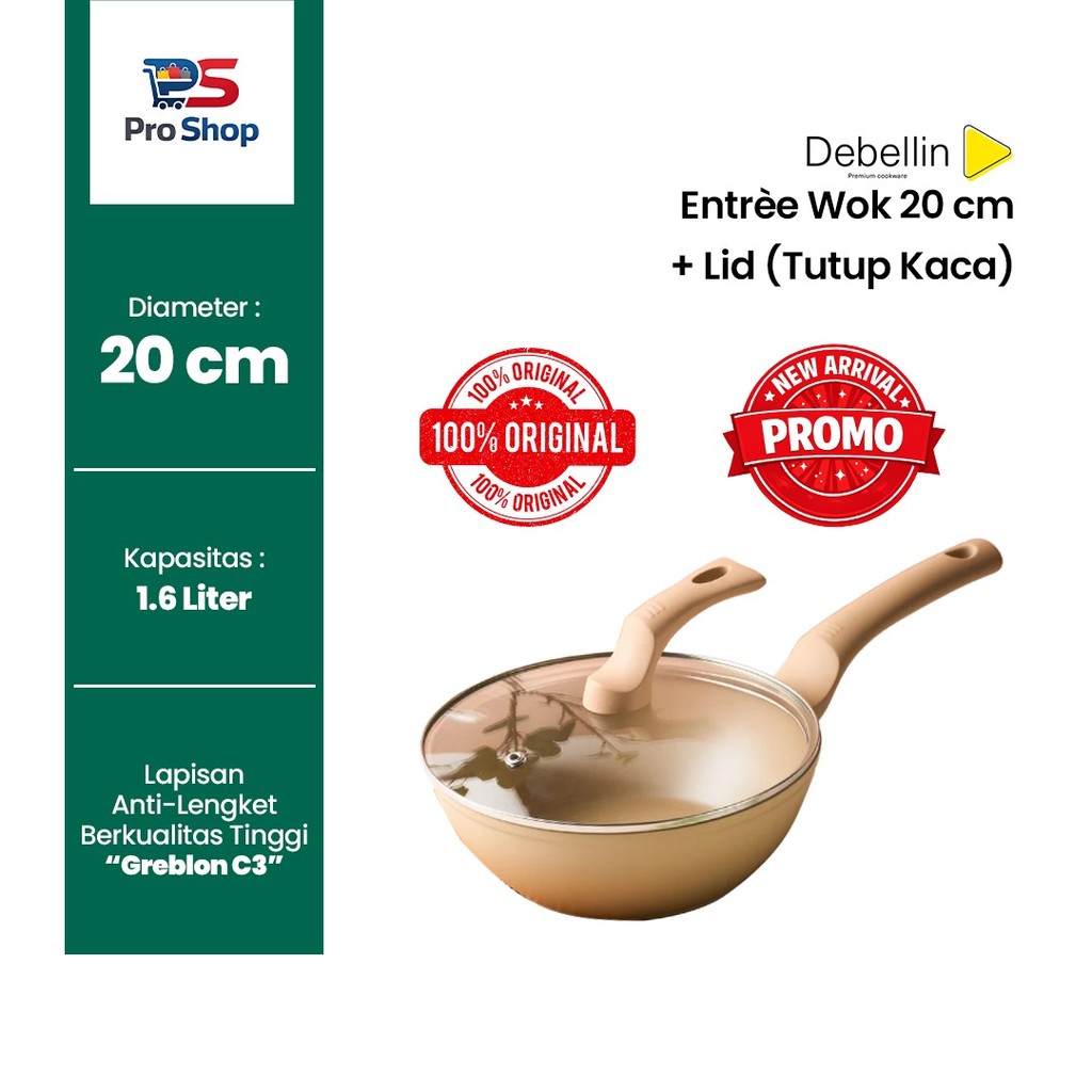 DEBELLIN Entree Wok Wajan Anti Lengket 20 cm +Tutup Kaca + Gagang DEBELLIN