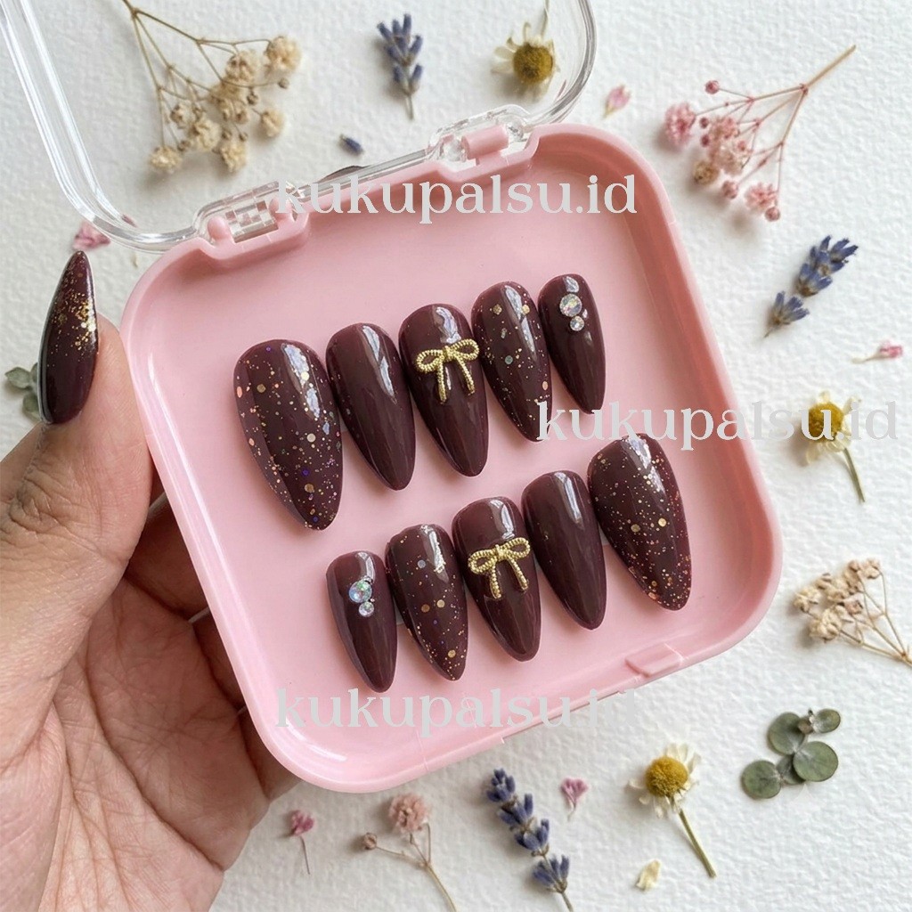 Kuku palsu wedding maroon + lem| Kuku palsu ALMOND pengantin maroon mewah| Nail art maroon press on 