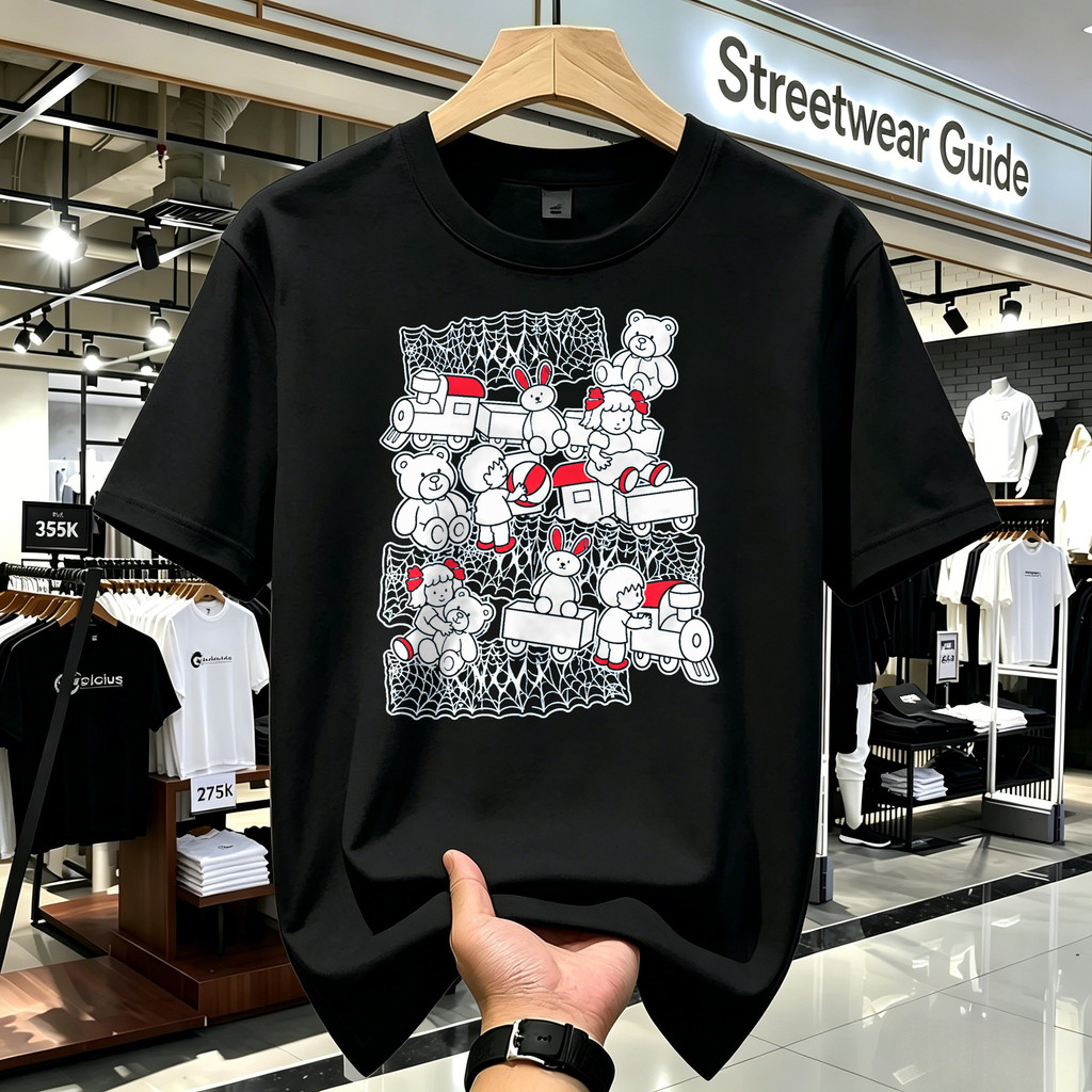 Kaos Distro Kaos Lengan Pendek Kaos Oversize Motif Boneka Kereta Api Jaring Laba Laba Warna Biru Hit