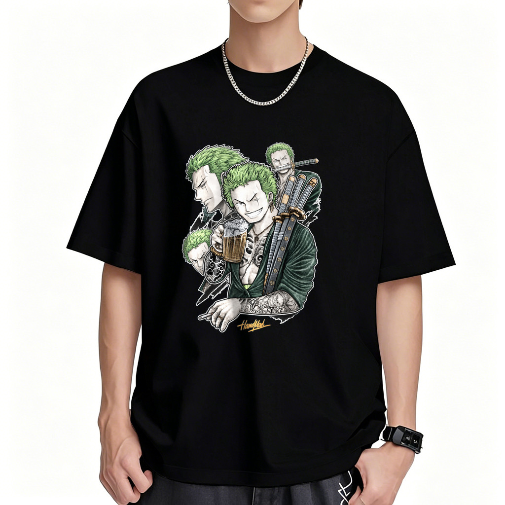 Kaos Pria Distro Original 100% Motif Pendekar Samurai Rambut Hijau Tiga Pedang Dan Gelas Bir, T-shir