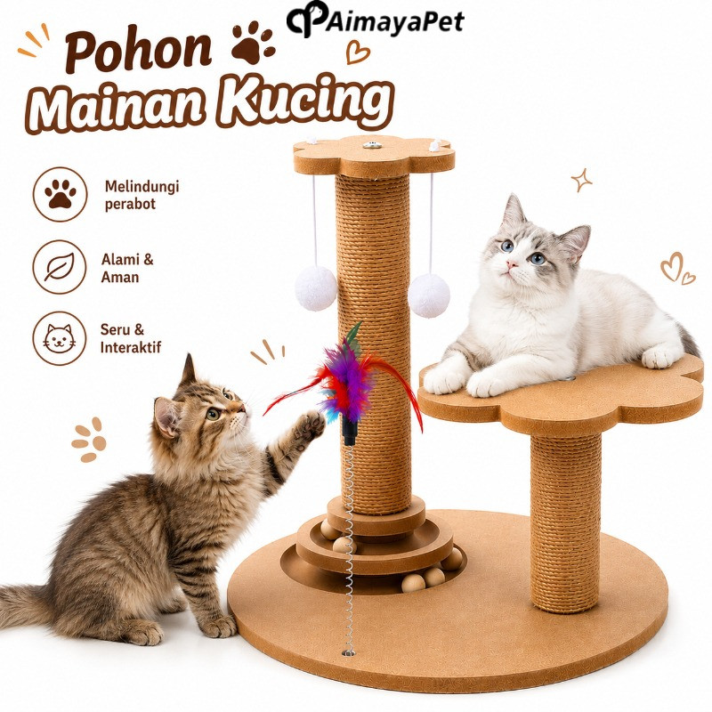 AimayaPet Cakaran Kucing Cat Scratcher Tree Kayu Cat Tree Kucing Garukan Kucing Cat Condo Papan Garu