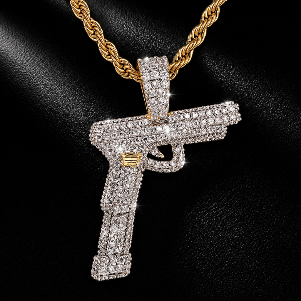 Hip Hop Full Diamond UZI Pistol Pendant, Zircon Bertatahkan Tembaga Ganda Pria Street Hip Hop Pistol