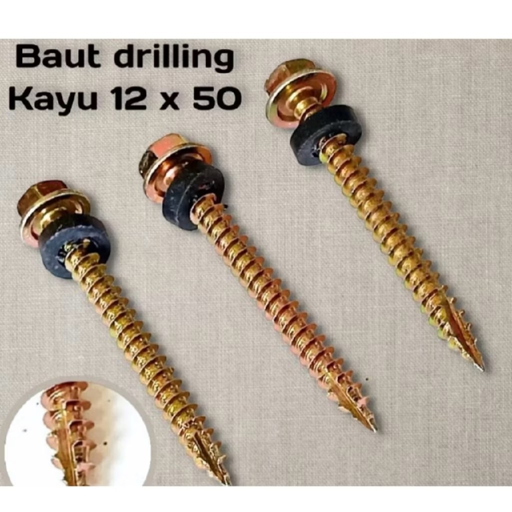 Baut Sekrup Drilling Roffing Kayu Screw 12x50 (5cm) & 12x75 (7,5cm) Perbungkus isi 12 pcs