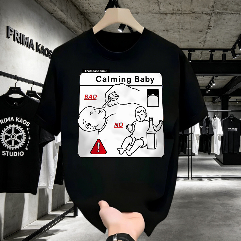 Kaos Pria Distro Original 100% Calming Baby Desain Lucu Edukatif Tentang Perawatan Bayi, T-shirt Uni