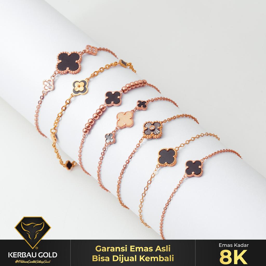 [Kerbau Gold] Gelang Emas Clover Black Series 8K - Emas Asli 100%