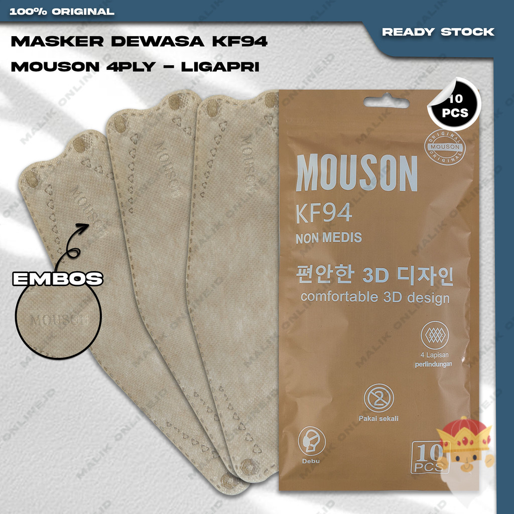 Masker KF94 MOUSON 4Ply isi 10Pcs Light Apricot Cream Korea KF 94 4 Ply Earloop Surgical Mask