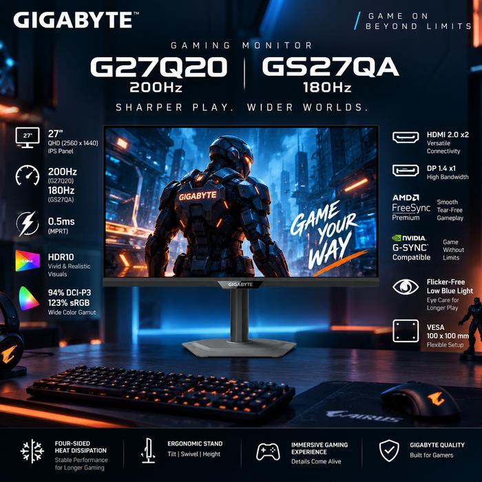 Monitor Gigabyte G27Q20 GS27QA Monitor PC Gaming Komputer 27 Inch IPS 2K QHD 200Hz 180Hz 0.5ms FreeS