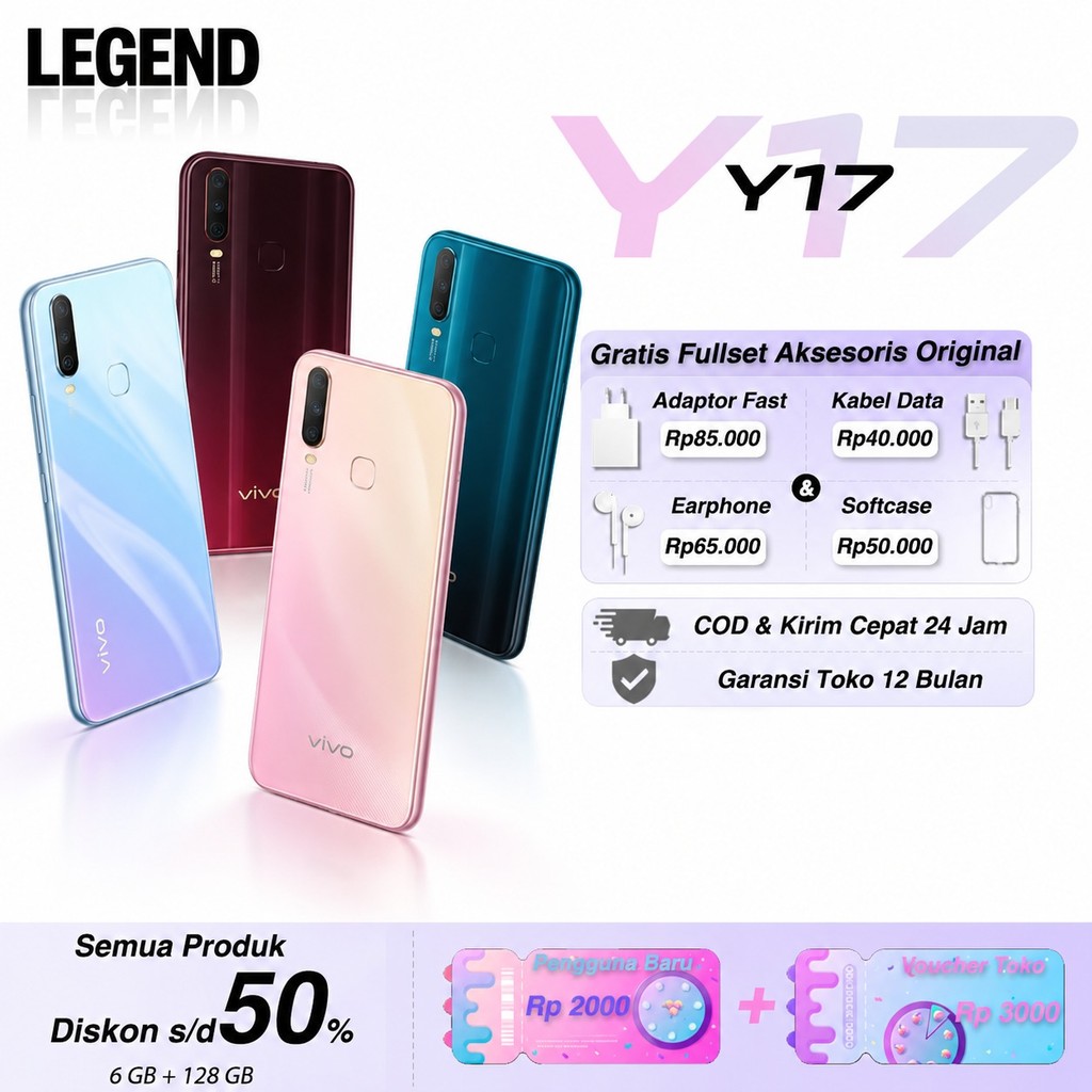 vivo Y17 RAM 8GB ROM 256GB 5000mAh Layar 6.35 HP Second Fullset Mulus Garansi COD Ready Stock