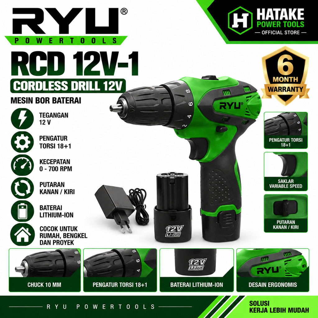 RYU RCD 12V-1 Cordless Drill 12V Mesin Bor Baterai 10mm Bor Baterai / Cordless Drill 12V RCD 12V-1