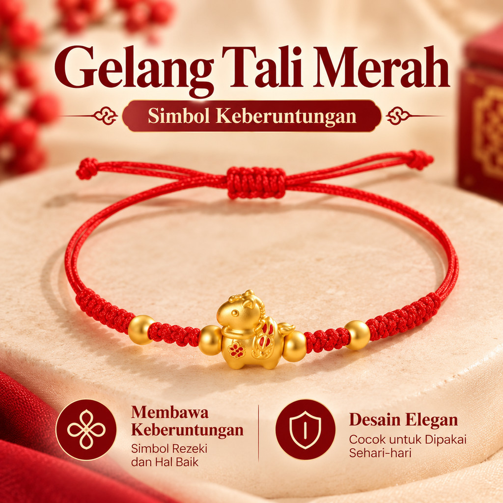 Gelang Tali Merah Wanita Pria dengan Liontin Sapi Emas, Simbol Keberuntungan dan Rezeki, Gelang Fash