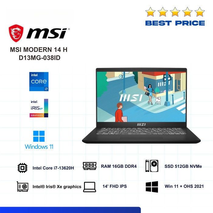 LAPTOP MSI MODERN 14 H D13MG-038ID | I7-13620H 16/512 IRISXE W11+OHS21