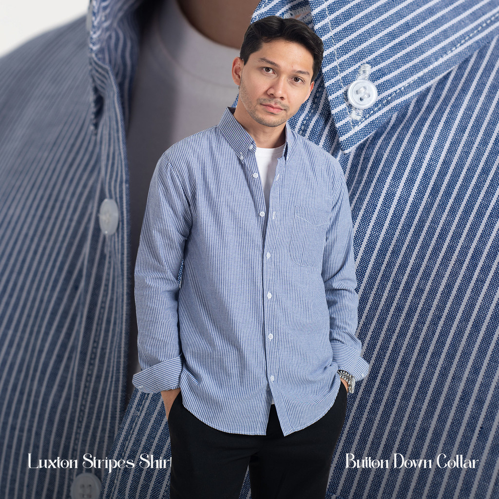 Kemeja Garis Pria WOODCUTTER Basic Luxton Stripes - Denim Blue Biru Lengan Panjang