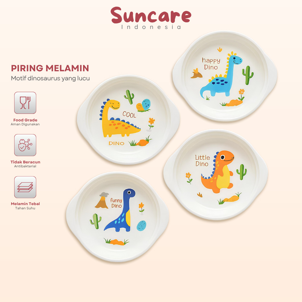 Suncare - Piring Makan Anak Melamin Motif Dino Piring Bulat Melamin Aman Anti Pecah Kuat BPA Free