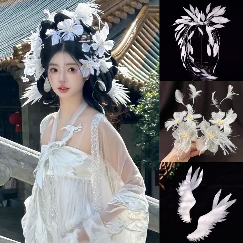Jepit Rambut Dewi Hanfu Gaya Kuno cos Aksesori Rambut Peri Sayap Putih Hiasan Kepala Bulu