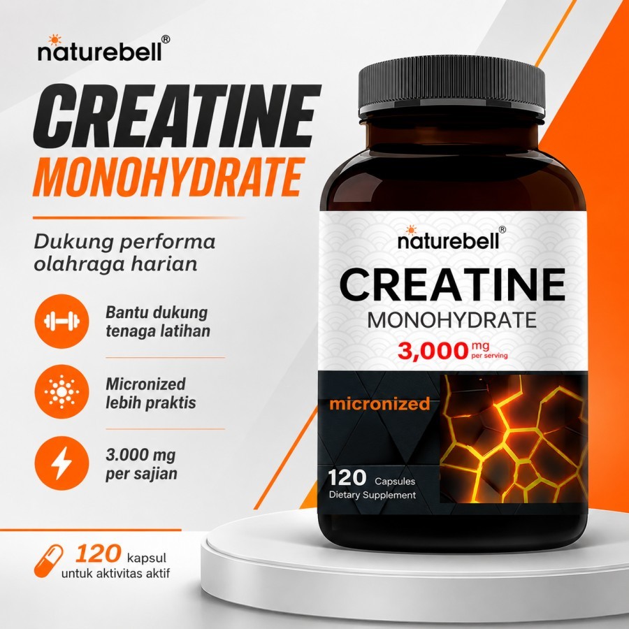 Naturebell Suplemen Creatine Monohydrate 3000mg 120 Capsules Kreatin Micronized Fitness Gym Workout 