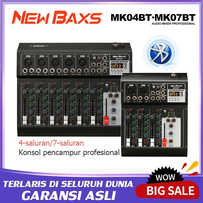 NEW BAXS mixer audio mini murah stereo DJ MK04BT/MK07BT 4/7 Channel - Daya Fantom 48V, Rekam USB, Bl