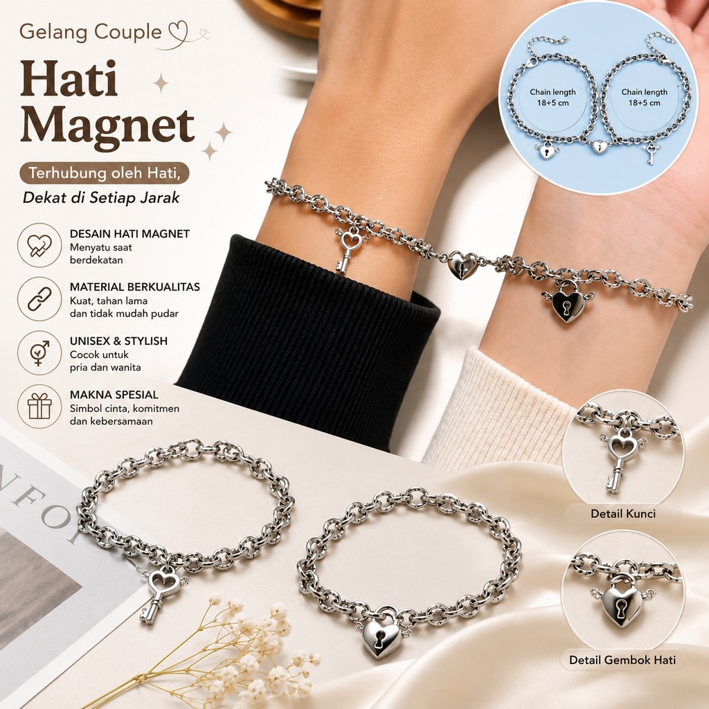 2 Pcs Set Gelang Couple Rantai Magnet Hati Bentuk Kunci Magnet Desain Simpel Elegan
