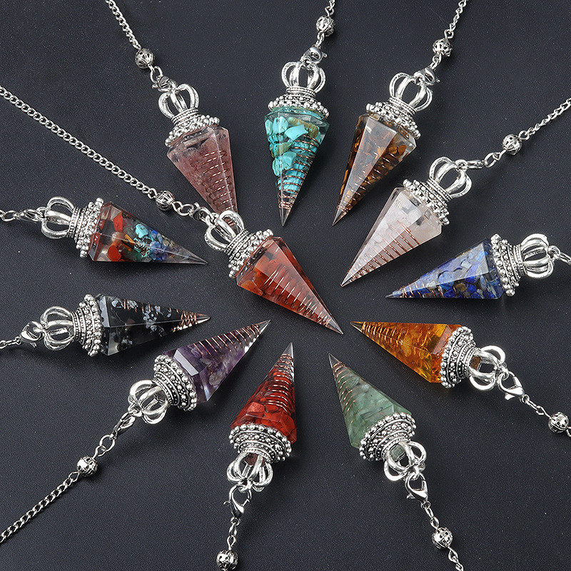 1645-Soul pendulum kristal kerikil resin pendulum, liontin pendulum cakra kerucut heksagonal